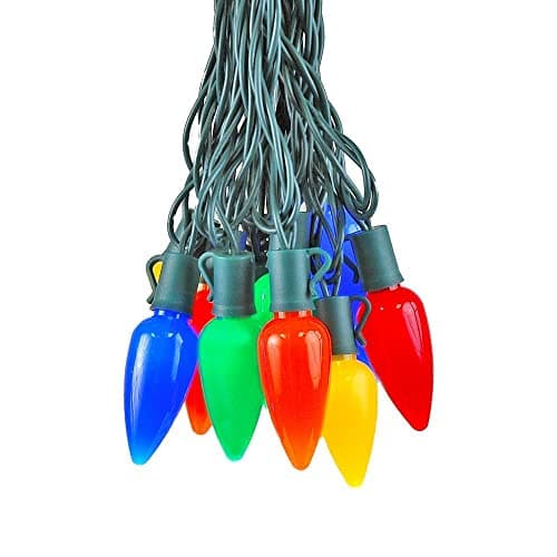 Opaque colored C9-style bulbs on a wire