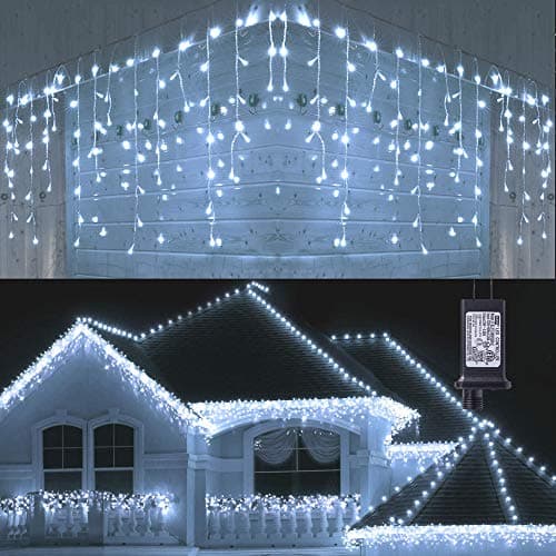 Icicle-style light drops hanging from a roof edge