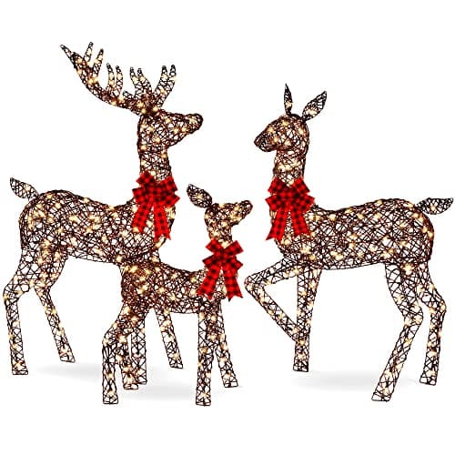 A lit wire-frame deer decoration of the kind this pick uses
