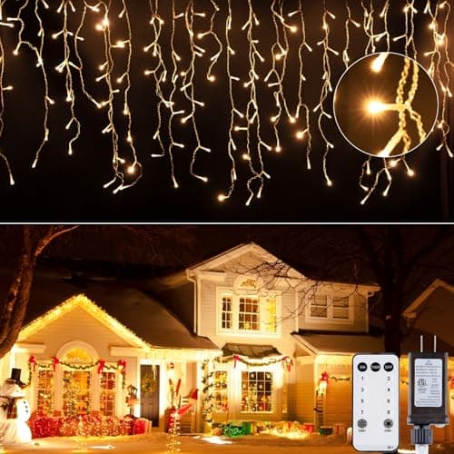 Warm white icicle lights along an eave