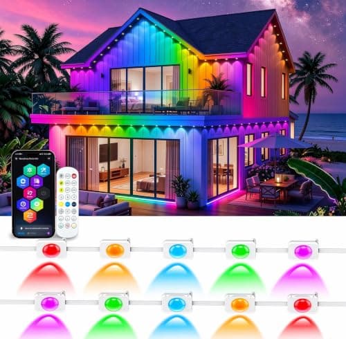 Permanent eave lighting on a house at night