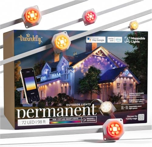 Permanent eave lighting glowing along the roofline of a house at night