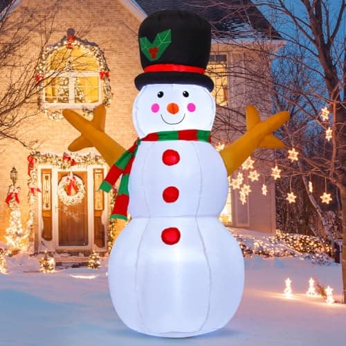 A lit inflatable Christmas figure on a front lawn