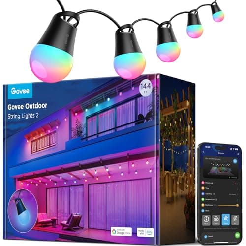 Color-changing app-controlled string lights over an outdoor seating area