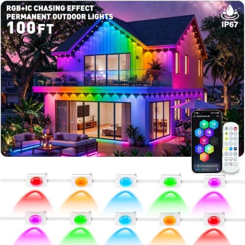 Permanent eave lighting on a house at night